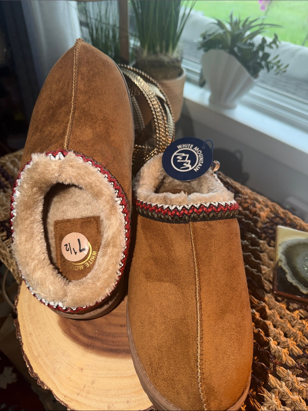 White Mountain Women's Brown Faux-Suede Shearling-Lined Slip-On Slippers